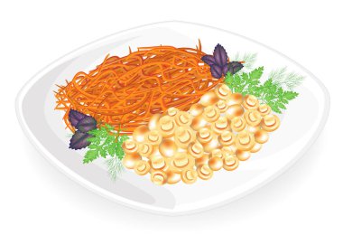 Tabakta Champignon mantarı. Kore havucu süsle. Dereotu, fesleğen ve maydanoz yaprakları. Lezzetli, besleyici ve taze gıda. Vektör çizimi