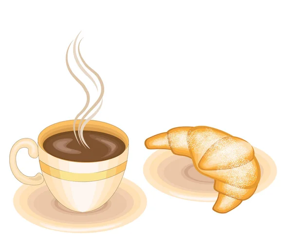 Warme koffie met verse croissant, klassieke Franse keuken. Heerlijk eten voor ontbijt, nood en diner. Vector illustratie — Stockvector