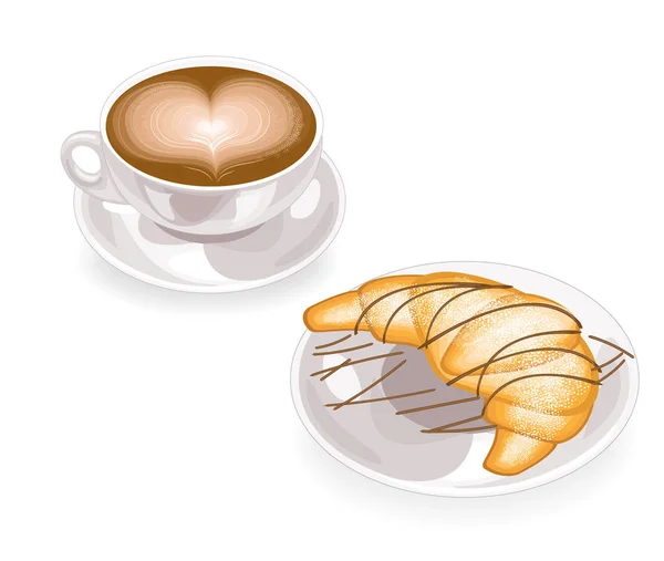 Een kopje koffie met schuim in de vorm van een hart en een verse croissant op een bord met chocolade. Klassiek Frans ontbijt. Vector illustratie — Stockvector