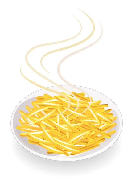 Pommes de terre frites chaudes dans une assiette. Les légumes pour le plat sont coupés en lanières. Alimentation rapide, savoureuse et nutritive. Illustration vectorielle — Image vectorielle