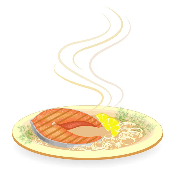 赤魚のステーキを皿に焼いた。熱いフライドオニオン、レモンスライス、ディルグリーンを飾ります。おいしい、おいしいと栄養価の高い食べ物。ベクトルイラスト — ストックベクタ