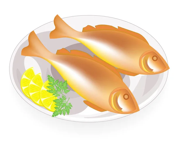 Two fried fish on a plate. Tasty and nutritious food. Next lemon and parsley. Suitable for breakfast, lunch or dinner. Vector illustration — Stock Vector