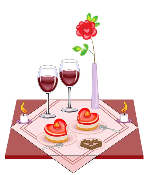 Świąteczny stół dla miłośników. Walentynki dzień. Pyszne ciasto w kształcie serca, dwie szklanki wina mrozu. Świece dają romantyczny nastrój miłości. Ilustracja wektorowa — Wektor stockowy
