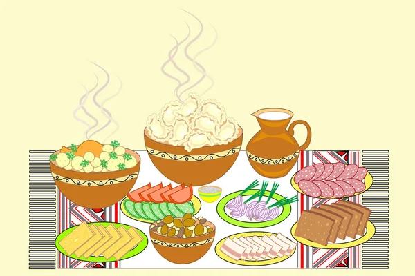 Apparecchiatura di tavola festiva. Gnocchi piatti nazionali ucraini, pane, strutto, carne, verdure. I piatti saporiti sono messi su un asciugamano ricamato. Illustrazione vettoriale — Vettoriale Stock