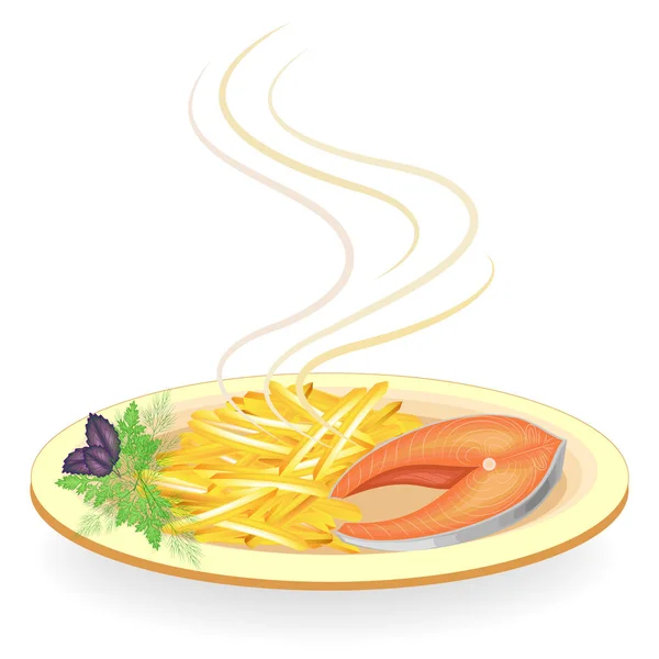 Steak de poisson rouge dans une assiette. Garnir les pommes de terre frites, le persil vert, l'aneth et le basilic. Délicieux, raffiné et nutritif pour le petit déjeuner, le déjeuner et le dîner. Illustration vectorielle — Image vectorielle