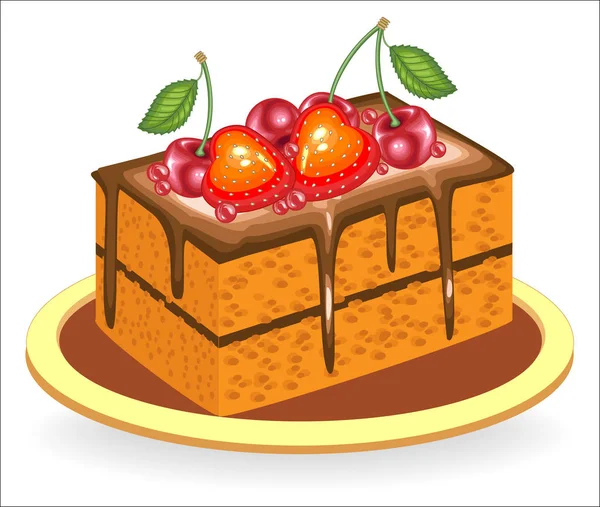Enfes yemekler. Bir parça lezzetli çikolatalı kek. Tatlılık çilek ve tatlı kiraz çilek ile dekore edilmiştir. Vektör çizimi