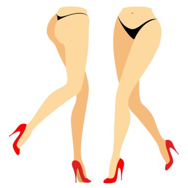 Silhouette figure of a lady in a bikini. Slender legs of a girl in red shoes. A woman stands in front and behind. Feet well-groomed, beautiful silky skin. Vector illustration set clipart