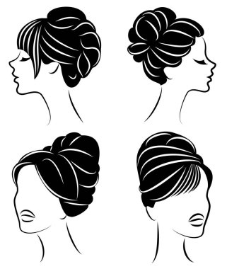Koleksiyon. Sevimli bir bayan başının siluet profili. Kız orta ve uzun saçlar için onu saç modeli gösterir. Logo, reklam için uygundur. Vektör illüstrasyon seti