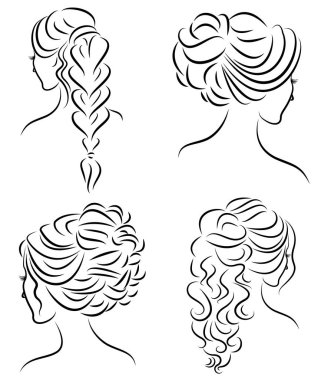 Koleksiyon. Sevimli bir bayan başının siluet profili. Kız orta ve uzun saçlar için onu saç modeli gösterir. Logo, reklam için uygundur. Vektör illüstrasyon seti