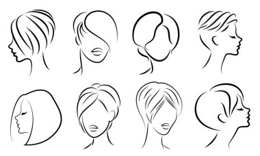 Silhouette of the head of a cute lady. The girl shows her hairstyle for medium and short hair. Suitable for logo, advertising. Vector illustration clipart