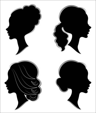 Koleksiyon. Tatlı bir bayanın kafasının silueti. Pretty kız orta ve uzun saç güzel kadın saç modeli gösterir. Logo, reklam için uygundur. Vektör çizimi