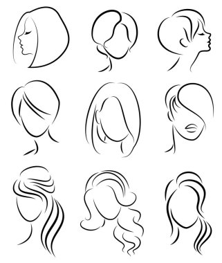 Koleksiyon. Tatlı bir bayanın kafasının silueti. Bir kız uzun, orta ve kısa saçlı bir kadının bir saç modeli gösterir. Logo, reklam için uygundur. Vektör çizimleri kümesi