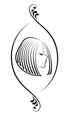 Yaratıcı bir çerçeve içinde sevimli bir bayan bir kafa silueti. Bir kız orta ve kısa saç saçlarını gösterir. Logo, reklam için uygundur. Vektör çizimi