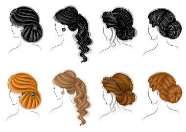 Kısa, uzun ve orta saçlar için kadın saç koleksiyonu. Saç modelleri şık, güzel ve şık. Esmerler, sarışınlar ve kahverengi saçlılar için. Vektör illüstrasyon seti