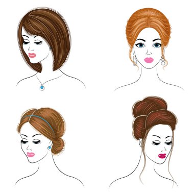 Koleksiyon. Sevimli bir bayanın başının silueti. Kız uzun ve orta saç lar üzerinde saç modelini gösterir. Logo, reklam için uygundur. Vektör çizimleri kümesi
