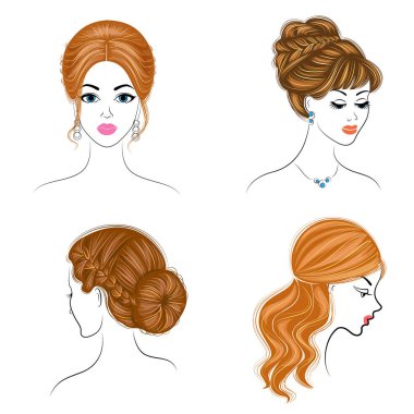 Koleksiyon. Sevimli bir bayanın başının silueti. Kız uzun ve orta saç lar üzerinde saç modelini gösterir. Logo, reklam için uygundur. Vektör çizimleri kümesi