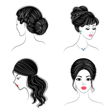 Koleksiyon. Sevimli bir bayan başının siluet profili. Kız orta ve uzun saçlar için onu saç modeli gösterir. Logo, reklam için uygundur. Vektör illüstrasyon seti