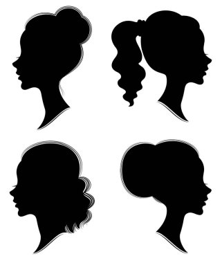 Koleksiyon. Tatlı bir bayanın kafasının silueti. Pretty kız orta ve uzun saç güzel kadın saç modeli gösterir. Logo, reklam için uygundur. Vektör çizimi