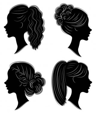 Koleksiyon. Tatlı bir bayanın kafasının silueti. Pretty kız orta ve uzun saç güzel kadın saç modeli gösterir. Logo, reklam için uygundur. Vektör çizimi