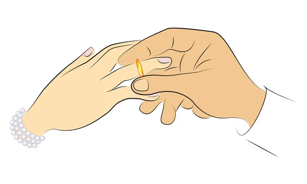 Händerna på nygifta på bröllopet. En man bär en förlovningsring till en flicka. Vektor illustration — Stock vektor