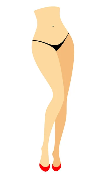 Silhouette d'une dame en bikini. Jambes fines d'une jeune fille en chaussures rouges. La femme arrive. Pieds bien entretenus, belle peau soyeuse. Illustration vectorielle — Image vectorielle