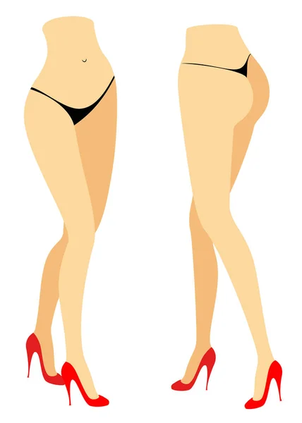 Silhouette figur av en dam i en bikini. Smala ben av en flicka i röda skor. En kvinna står framför och bakom. Fötterna välpreparerade, vacker silkeslen hud. Vektor illustration set — Stock vektor