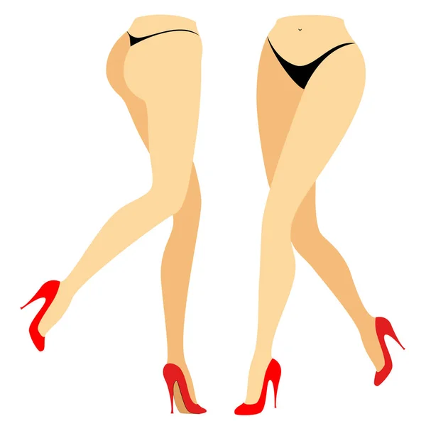 Figura silueta de una dama en bikini. Patas delgadas de una chica en zapatos rojos. Una mujer se para delante y detrás. Pies bien arreglados, hermosa piel sedosa. Juego de ilustración vectorial — Vector de stock