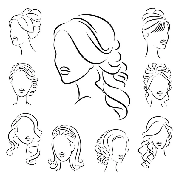 Collection de coiffures féminines pour cheveux courts, longs et moyens. Les coiffures sont à la mode, belles et élégantes. Pour brunes, blondes et brunes. Jeu d'illustrations vectorielles — Image vectorielle