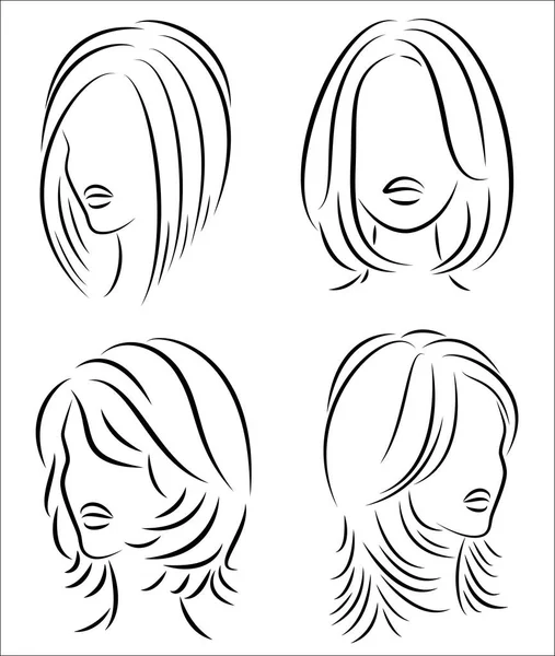 Collection. Silhouette of the head of a cute lady. The girl shows her hairstyle on long and medium hair. Suitable for logo, advertising. Set of vector illustrations — Stock Vector