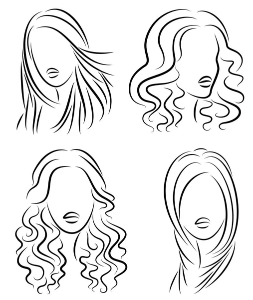 Collection. Silhouette of the head of a cute lady. The girl shows her hairstyle on long and medium hair. Suitable for logo, advertising. Set of vector illustrations — Stock Vector