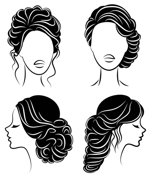Sammlung. Silhouettenprofil eines niedlichen Damenkopfes. zeigt das Mädchen ihre Frisur für mittellange und lange Haare. geeignet für Logo, Werbung. Vektor Illustration Set — Stockvektor