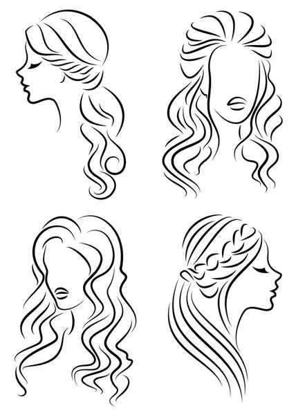 Coleção. Perfil de silhueta da cabeça de uma senhora bonita. A menina mostra seu penteado para cabelos médios e longos. Adequado para logotipo, publicidade. Conjunto de ilustrações vetoriais — Vetor de Stock