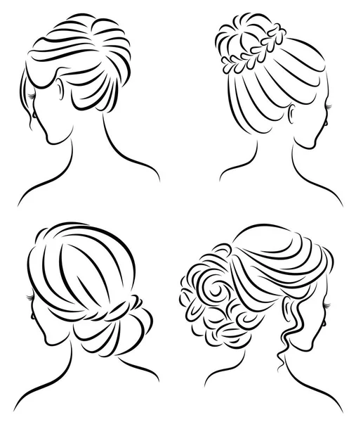 Collecte. Profil de silhouette d'une jolie tête de dame. La fille montre sa coiffure pour les cheveux moyens et longs. Convient pour le logo, la publicité. Jeu d'illustrations vectorielles — Image vectorielle