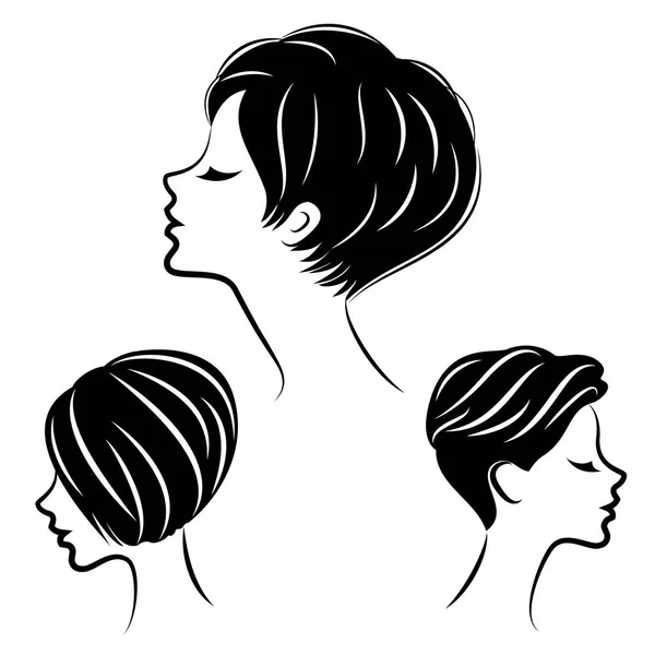 Silhouette de la tête d'une jolie dame. La fille montre sa coiffure pour les cheveux moyens et courts. Convient pour le logo, la publicité. Illustration vectorielle — Image vectorielle