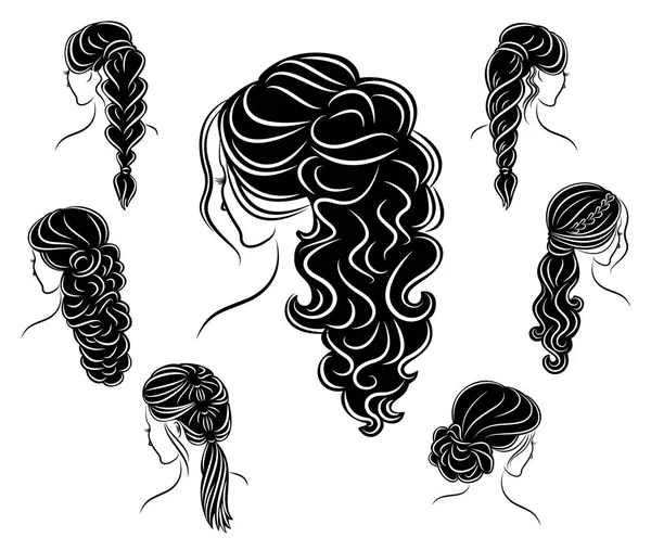 Coleção. Perfil de silhueta da cabeça de uma senhora bonita. A menina mostra seu penteado para cabelos médios e longos. Adequado para logotipo, publicidade. Conjunto de ilustrações vetoriais —  Vetores de Stock