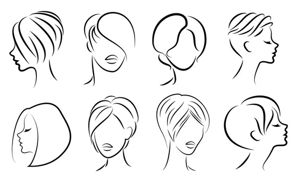 Sevimli bir bayanın başının silueti. Kız orta ve kısa saç lar için saç modelini gösterir. Logo, reklam için uygundur. Vektör çizimi