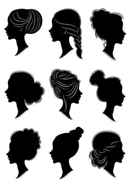 Coleção. Silhueta da cabeça de uma senhora doce. Menina bonita mostra penteado feminino bonito no cabelo médio e longo. Adequado para logotipo, publicidade. Ilustração vetorial — Vetor de Stock