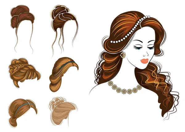 Trenzas largas cabello castaño creativo, aislado sobre fondo blanco. Peinados de mujer. Conjunto de ilustraciones vectoriales — Vector de stock