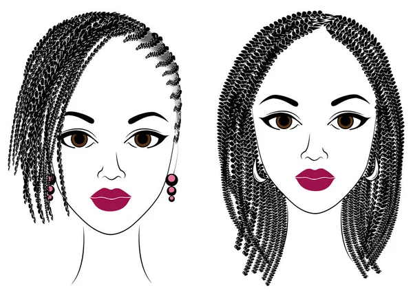 Samling. Et bilde av et hode med søte damer. Afroamerikanske jenter viser hårfrisyrer for langt og middels hår. Silhuetter av kvinner er vakre og stilfulle. Vektorillustrasjonssett – stockvektor