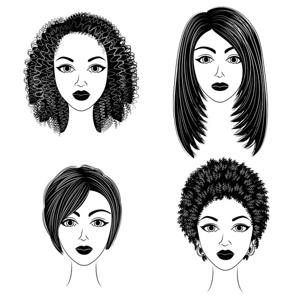 Silhuetas de cabeças das senhoras encantadoras. Coleção. Meninas mostram penteados para cabelos médios e curtos. As mulheres são bonitas e elegantes. Ilustração vetorial — Vetor de Stock