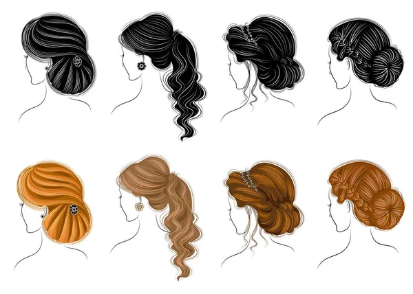 Collection de coiffures féminines pour cheveux courts, longs et moyens. Les coiffures sont à la mode, belles et élégantes. Pour brunes, blondes et brunes. Jeu d'illustrations vectorielles — Image vectorielle