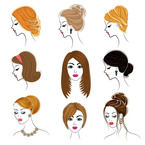 Long braids creative brown hair, isolated on white background. Hairstyles of a woman. Set of vector illustrations — Stock Vector
