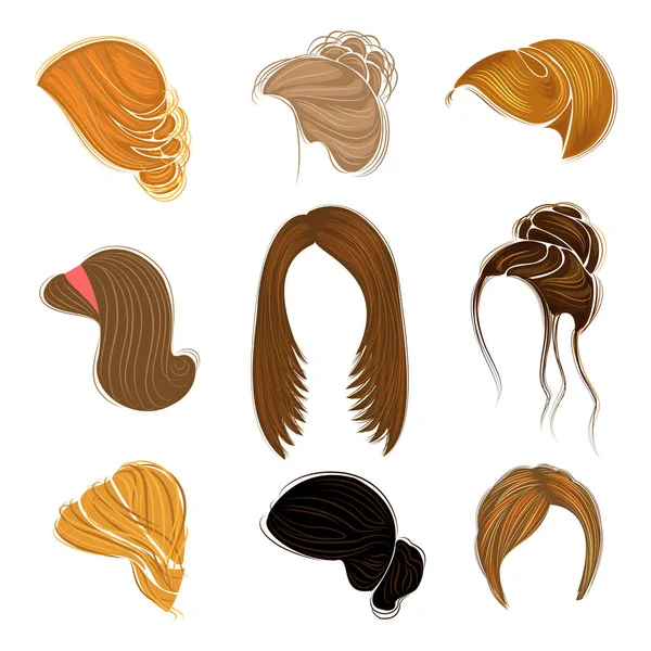 Coleção de penteados femininos para cabelos curtos, longos e médios. Os penteados são na moda, bonitos e elegantes. Para morenas, loiras e cabelos castanhos. Conjunto de ilustrações vetoriais —  Vetores de Stock