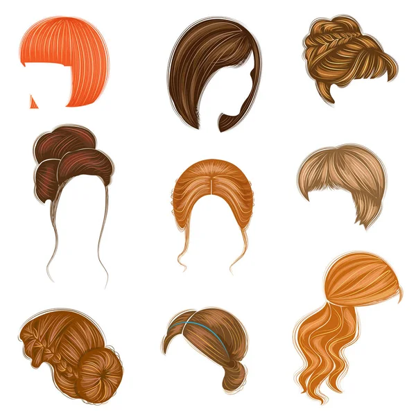 짧은, 긴 중간 머리에 대한 여성 헤어 스타일의 컬렉션입니다. 헤어 스타일은 유행, 아름답고 세련된입니다. 갈색 머리, 금발과 갈색 머리에 대한. 벡터 일러스트 세트 — 스톡 벡터
