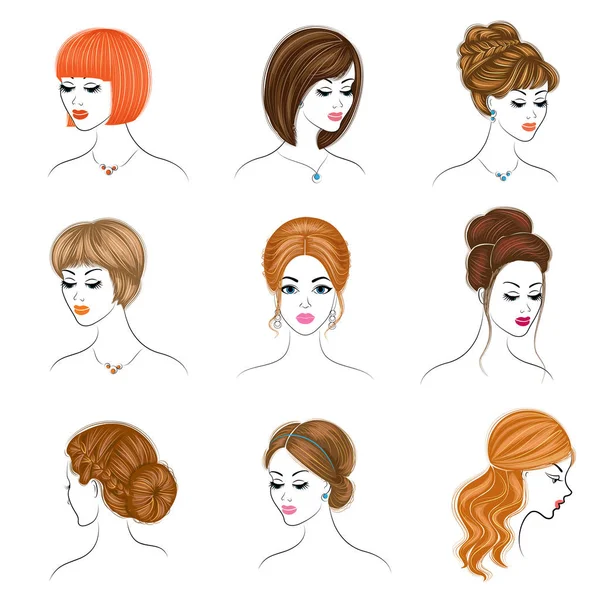 Koleksiyon. Sevimli bir bayanın başının silueti. Kız uzun ve orta saç lar üzerinde saç modelini gösterir. Logo, reklam için uygundur. Vektör çizimleri kümesi