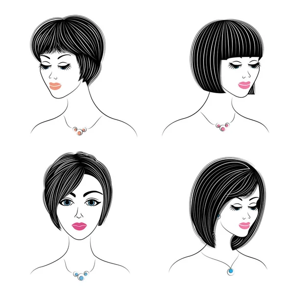 Koleksiyon. Sevimli bir bayan başının siluet profili. Kız orta ve uzun saçlar için onu saç modeli gösterir. Logo, reklam için uygundur. Vektör illüstrasyon seti — Stok Vektör