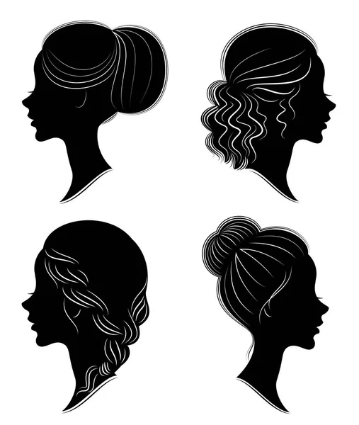 Collection. Silhouette of the head of a sweet lady. Pretty girl shows beautiful female hairstyle on medium and long hair. Suitable for logo, advertising. Vector illustration — Stock Vector