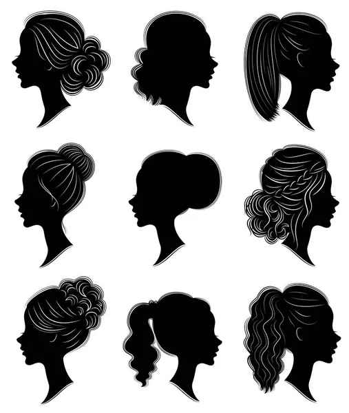 Koleksiyon. Farklı karelerde tatlı bir bayan bir kafa silueti. Kız orta ve uzun saç bir kadın saç modeli gösterir. Logo, reklam için uygundur. Vektör çizimleri kümesi