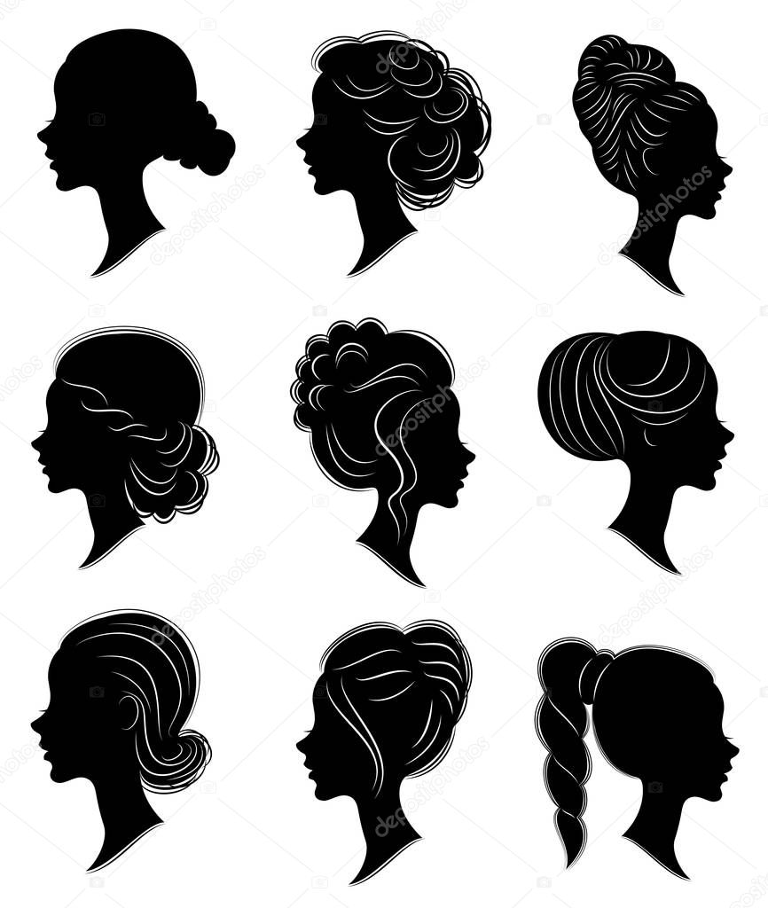 Collection. Silhouette of the head of a sweet lady. Pretty girl shows beautiful female hairstyle on medium and long hair. Suitable for logo, advertising. Vector illustration.