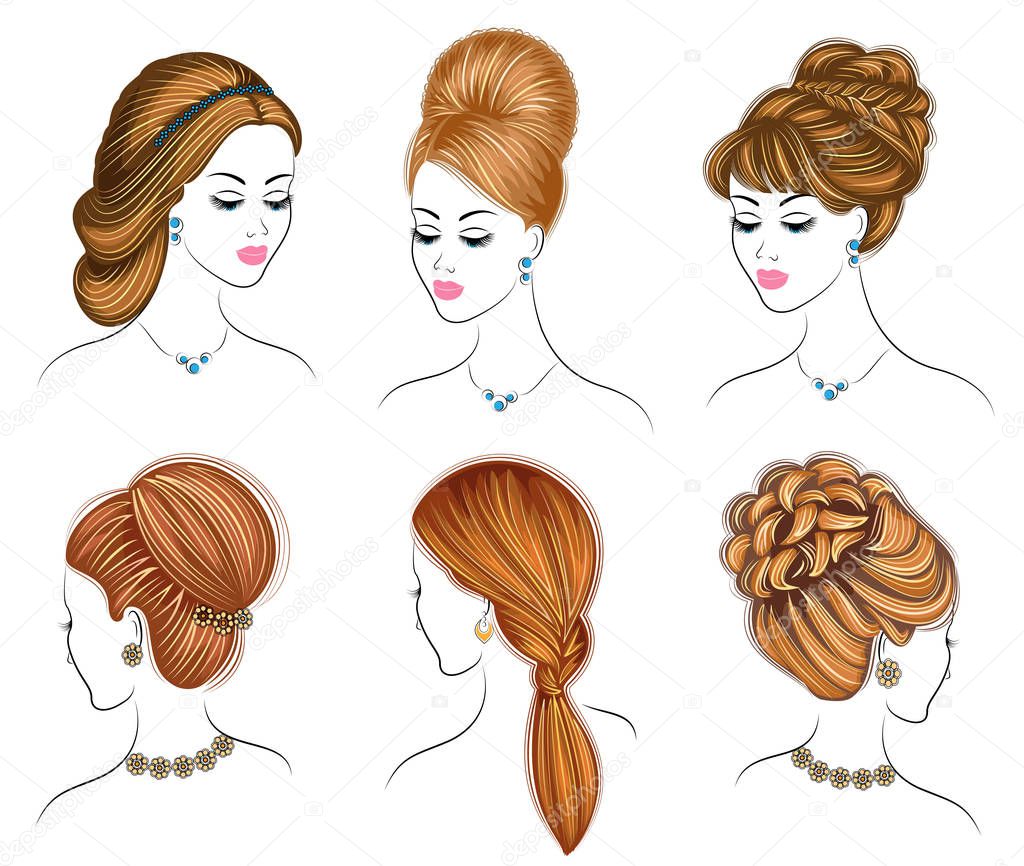 Long braids creative brown hair, isolated on white background. Hairstyles of a woman. Set of vector illustrations.